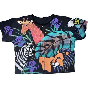 Women's Vintage 90s Hand Painted Animal Safari Button-Up Shirt Double Sided XL